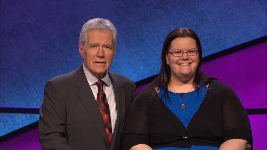 Photo Courtesy of Ms. Heidi Eichler. Ms. Eichler with Alex Trek at her 2016 Jeopardy! taping. 