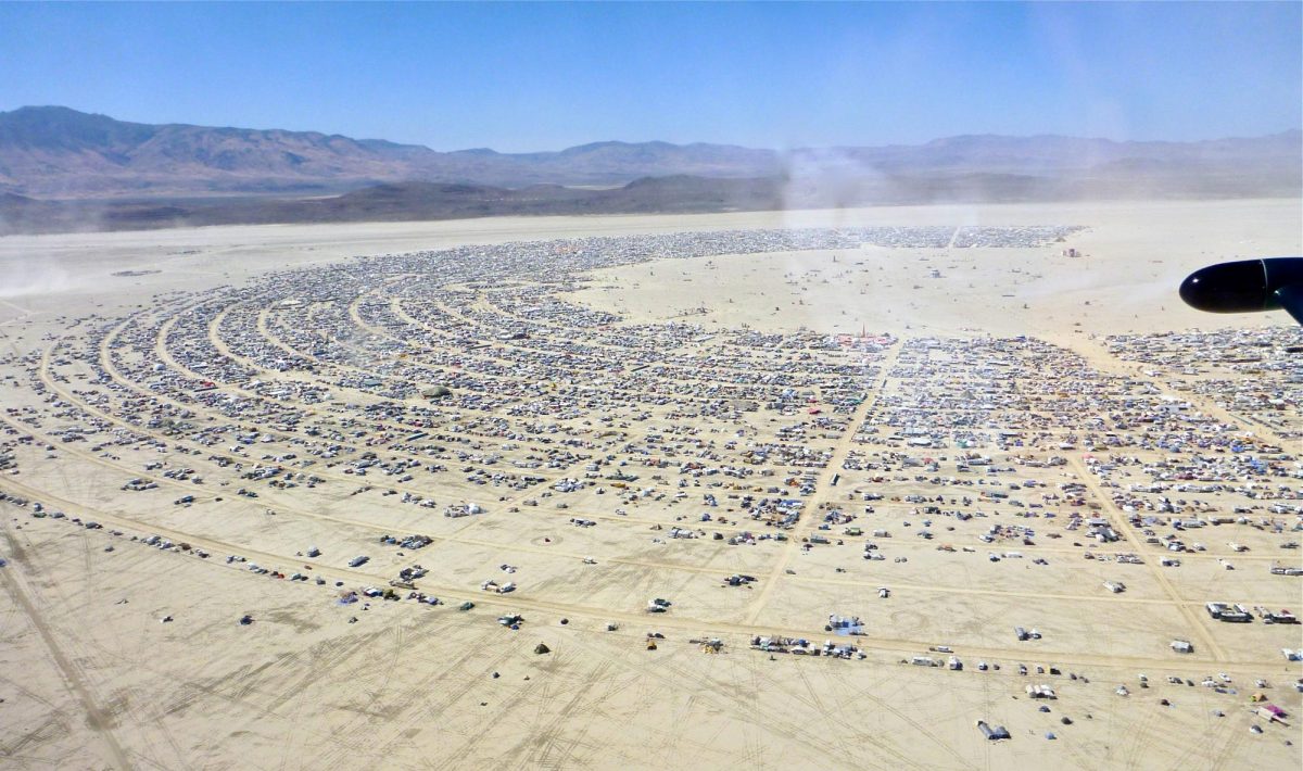 Overhead view of the Burning Man Festival in Black Rock City, Nevada. 