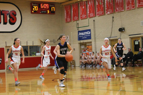 Colleen Palmer dribbling down the court at Resurrection